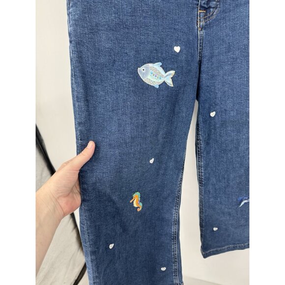J. Crew Mercantile Wide Leg Mermaid Ocean Patch Work Jean Women 28 Blue Wash - Picture 9 of 12